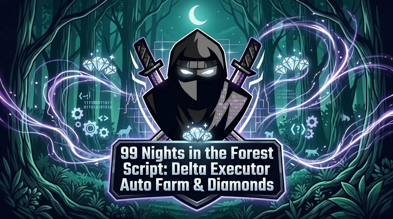 99 Nights in the Forest Script: Delta Executor Auto Farm & Diamonds (2026) 2 Banner showing a hooded ninja logo with crossed swords in a mystical forest at night, promoting the 99 Nights in the Forest script for Delta Executor with auto farm and diamond features.