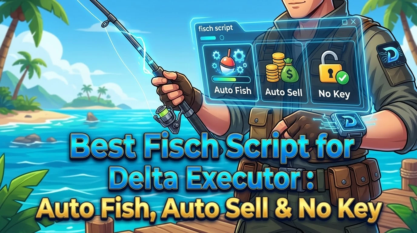 Best Fisch Script for Delta Executor: Auto Fish, Auto Sell & No Key (2026) 2 Illustration of a player fishing on a tropical island with a futuristic overlay showing Fisch script features like auto fish, auto sell, and no key support for Delta Executor.