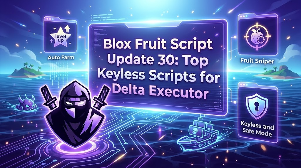 Blox Fruit Script Update 30 (May 2026): Top Keyless Scripts for Delta Executor 2 Colorful gaming banner showing Blox Fruit Script Update 30 with features like auto farm, fruit sniper, and keyless safe mode, designed for Delta Executor users in a futuristic island setting.
