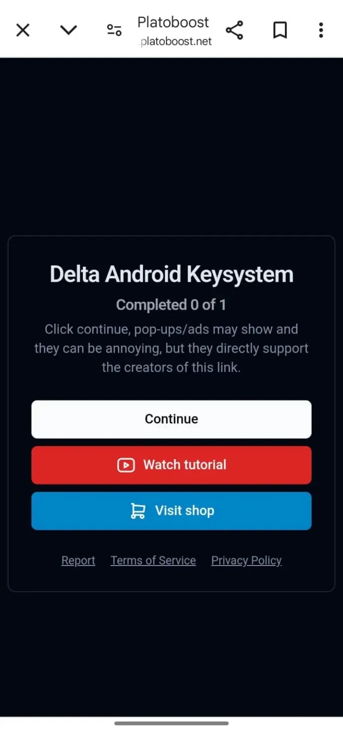 Delta Executor Key: How to Get Delta Key on Mobile (April 2026) 3 Screenshot of the Delta Android Key System page showing a continue button, watch tutorial option, and visit shop link used to complete the Delta Executor key verification process.