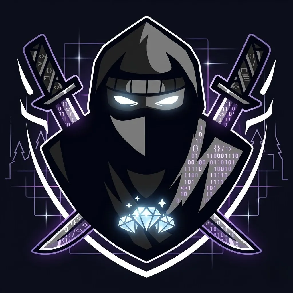 99 Nights in the Forest Script: Delta Executor Auto Farm & Diamonds (2026) 1 Delta Executor logo featuring a hooded ninja with glowing eyes, crossed swords, and a diamond symbol with coding elements in the background representing a Roblox mobile script executor.
