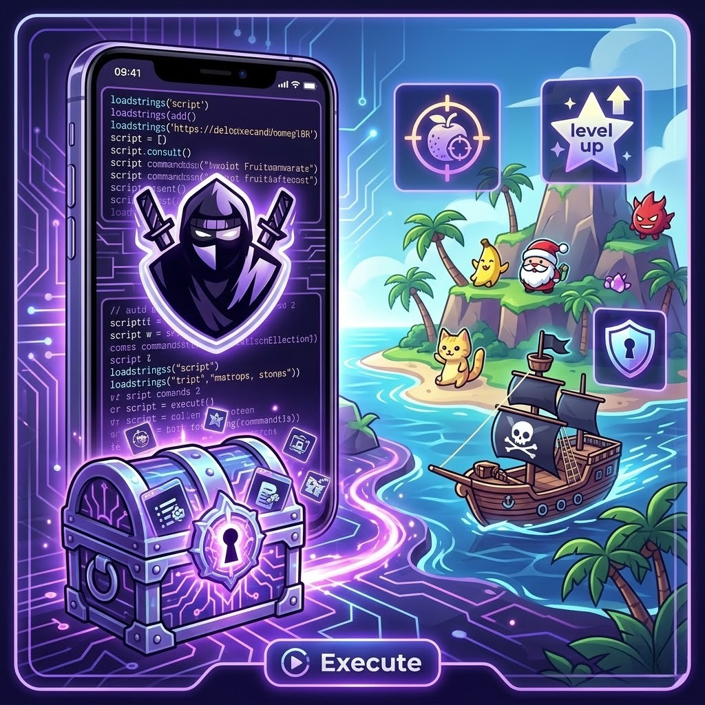 Blox Fruit Script Update 30 (May 2026): Top Keyless Scripts for Delta Executor 1 Vibrant illustration of a smartphone running Delta Executor with Blox Fruit scripts, showing code, a treasure chest, and a tropical island scene with auto farm, level up, and fruit targeting features.