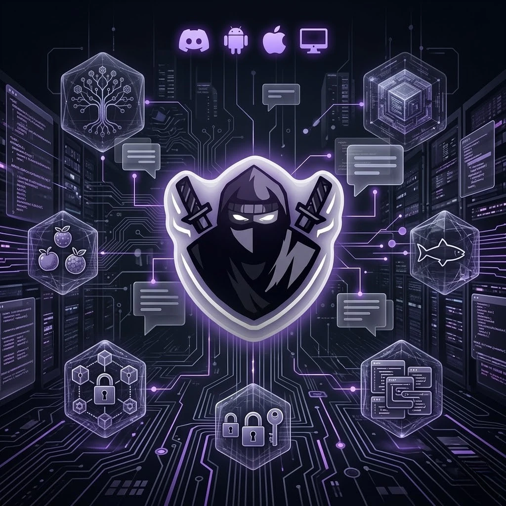 Delta Executor Discord Server Link: Official Invite (2026) 1 Dark cyber-themed illustration featuring a ninja-style logo surrounded by server racks, code panels, and icons representing security, scripts, and cross-platform support for Delta Executor community and tools.