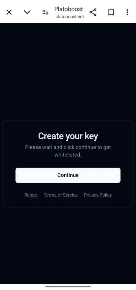 Delta Executor Key: How to Get Delta Key on Mobile (April 2026) 6 Screenshot of the Platoboost page showing the “Create your key” message with a continue button used to generate and whitelist the Delta Executor key.