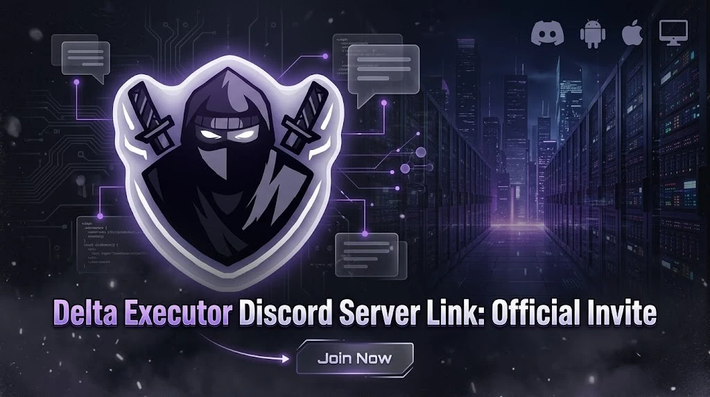 Delta Executor Discord Server Link: Official Invite (2026) 2 Dark-themed banner featuring a ninja-style Delta Executor logo with server racks and icons for Discord, Android, and iOS, promoting the Delta Executor Discord server official invite link and community access.