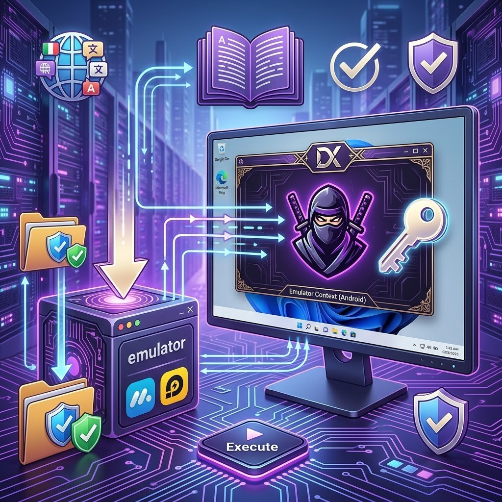 Delta Executor PC Download: How to Install on Windows (2026) 1 Futuristic illustration showing Delta Executor running on a Windows PC through an emulator, with data transfer arrows, security shields, key system access, and execute button in a cyber-tech environment.