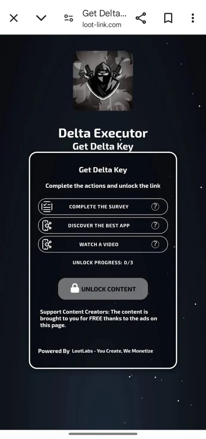 Delta Executor Key: How to Get Delta Key on Mobile (April 2026) 4 Screenshot of the Delta Executor get key page on Loot-Link showing tasks like completing a survey, discovering an app, or watching a video to unlock the Delta Executor key.