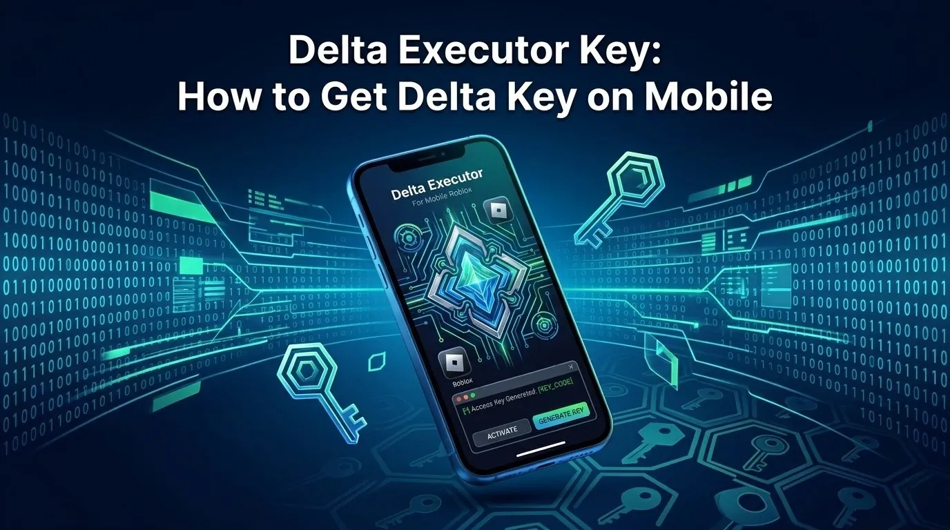 Delta Executor Key: How to Get Delta Key on Mobile (April 2026) 2 Banner showing a smartphone with the Delta Executor interface and digital key icons illustrating a guide on how to get the Delta Executor key on mobile for Roblox scripts.