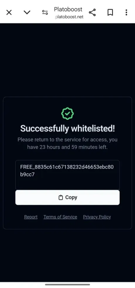 Delta Executor Key: How to Get Delta Key on Mobile (April 2026) 7 Screenshot showing the Delta Executor key successfully whitelisted on Platoboost with a generated key and copy button available for activation.
