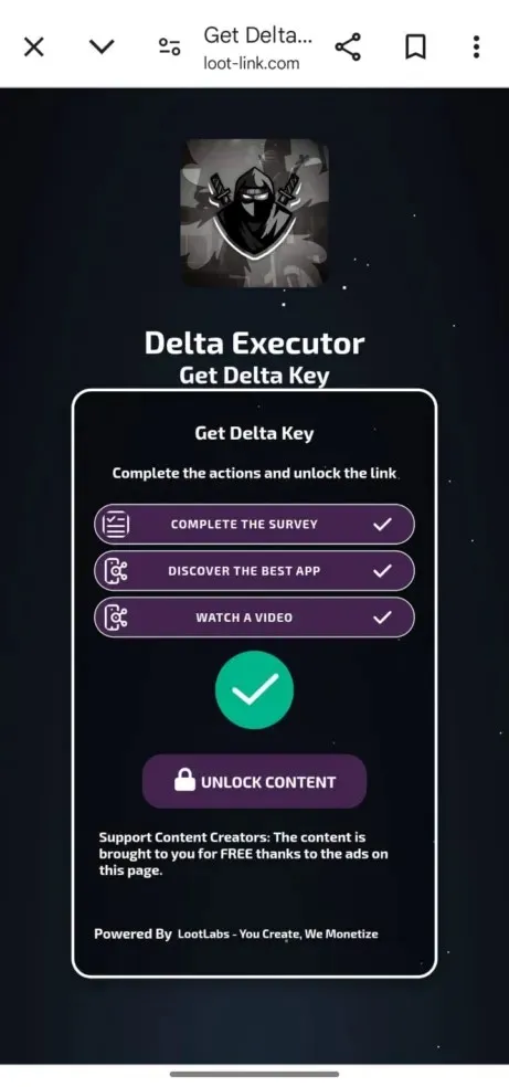 Delta Executor Key: How to Get Delta Key on Mobile (April 2026) 5 Screenshot of the Delta Executor get key page showing completed tasks including survey, app discovery, and video watch with the unlock content button available.