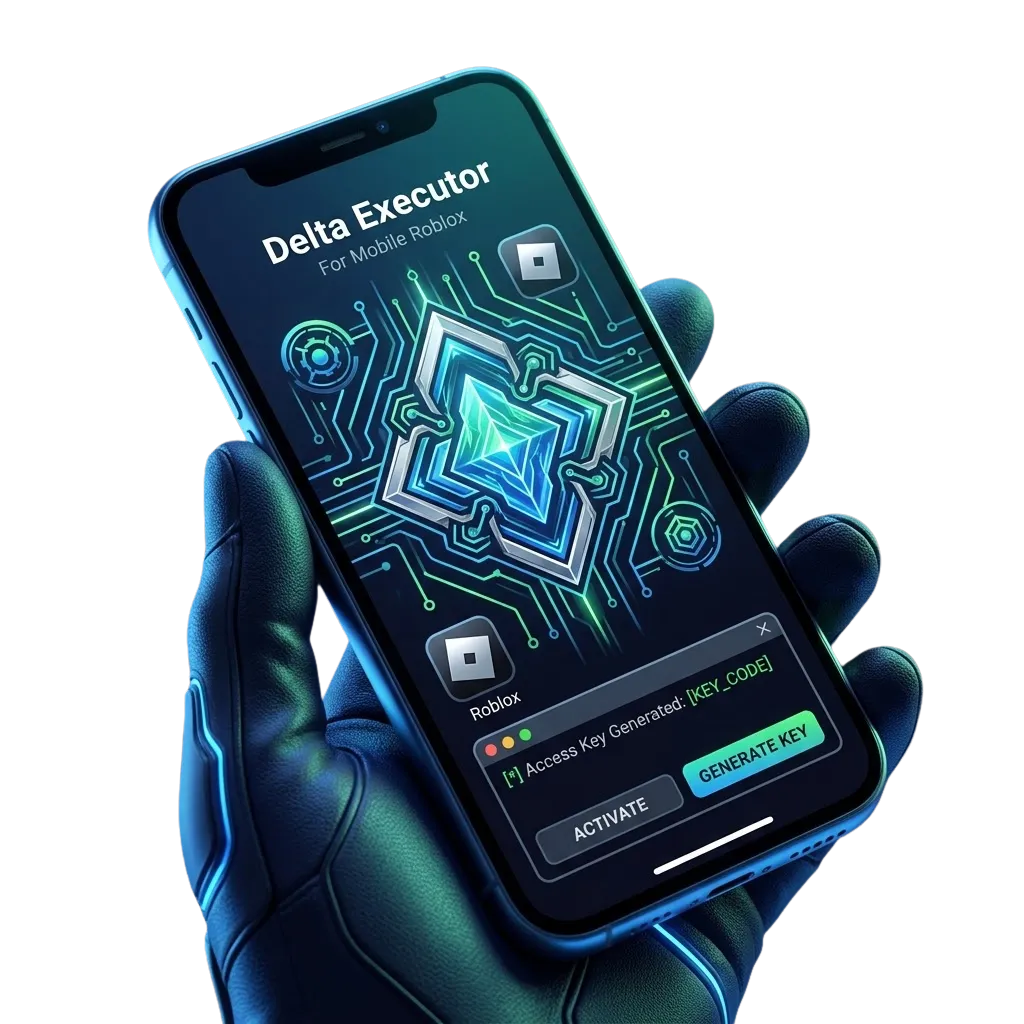 Delta Executor Key: How to Get Delta Key on Mobile (April 2026) 1 Illustration of a smartphone displaying the Delta Executor mobile interface for Roblox with a generate key and activate button on the screen.
