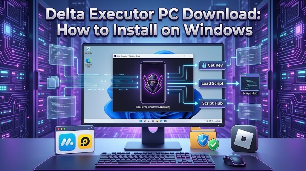 Delta Executor PC Download: How to Install on Windows (2026) 2 Illustration of a desktop setup showing Delta Executor running on a Windows PC via emulator, with options like get key, load script, and script hub displayed in a futuristic tech environment.