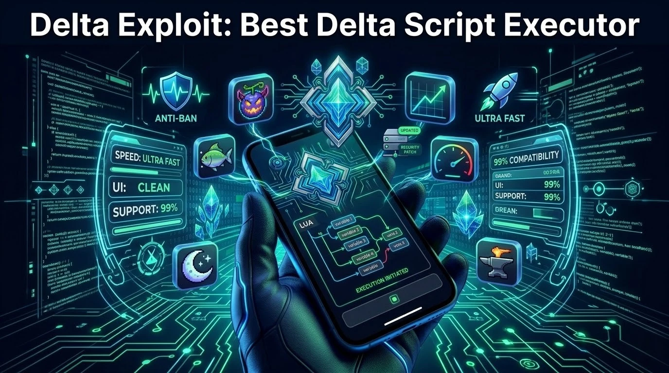 Delta Exploit: Best Delta Script Executor 2 A futuristic mobile interface showing Delta Exploit script executor with ultra-fast speed, anti-ban protection, compatibility, and clean UI for running Lua scripts on a smartphone.