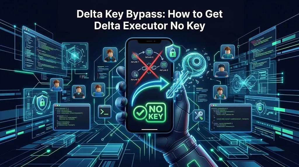 Delta Key Bypass (July 2026): How to Get Delta Executor No Key 2 Illustration showing a smartphone with Delta Executor interface and a digital key symbol explaining a Delta key bypass method to use the executor without completing the key system.