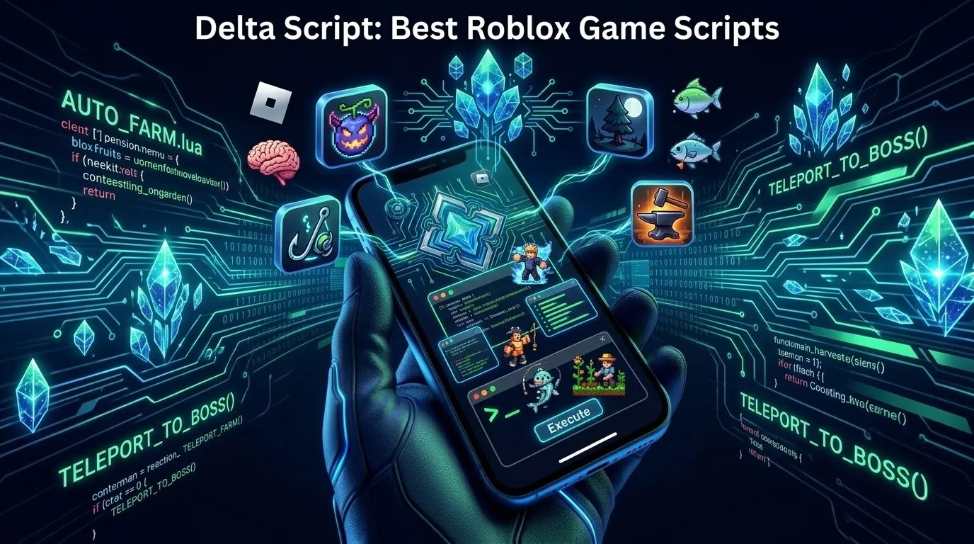 Delta Script: Best Roblox Game Scripts (May 2026 Updated) 2 Illustration of a smartphone running Delta Executor with multiple Roblox game script icons and coding panels, representing the best Roblox scripts for auto farm, teleport, and gameplay automation.