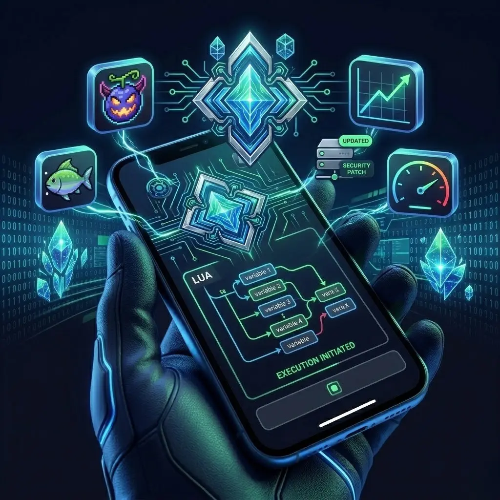 Delta Exploit: Best Delta Script Executor 1 A futuristic smartphone displaying a Delta script executor interface with Lua code execution flow, performance metrics, security patch update, and gaming-related icons in a digital cyber-themed environment.