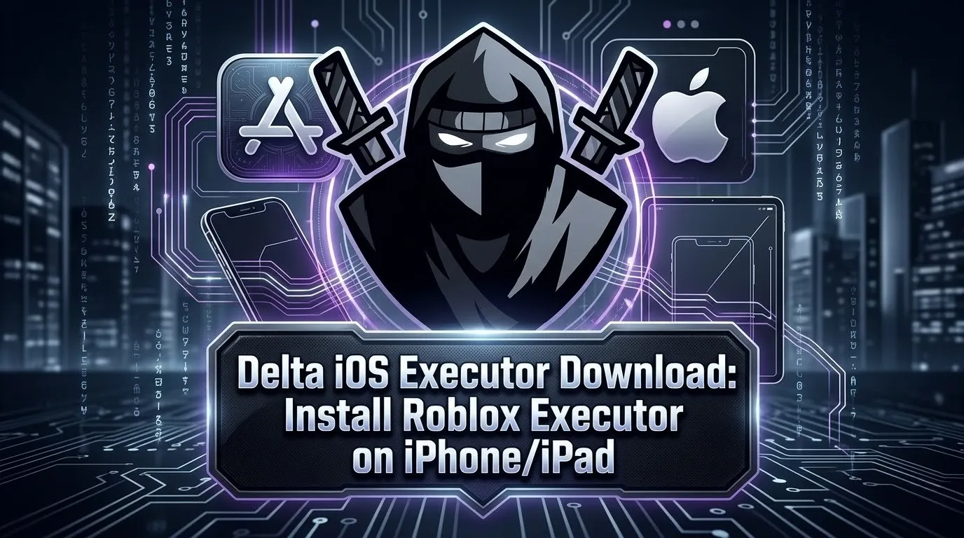 Delta iOS Executor Download: Install Roblox Executor on iPhone/iPad (2026) 2 Delta iOS Executor banner showing a ninja logo with crossed swords, Apple and App Store icons, and a tech circuit background promoting Roblox executor installation on iPhone and iPad.
