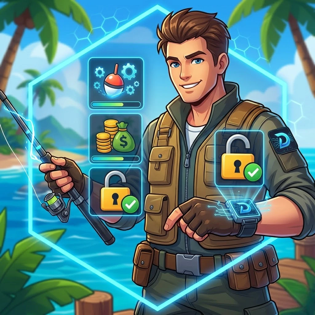 Best Fisch Script for Delta Executor: Auto Fish, Auto Sell & No Key (2026) 1 Cartoon-style character holding a fishing rod on a tropical island with a futuristic interface displaying Fisch script features including auto fish, auto sell, and no key access for Delta Executor users.