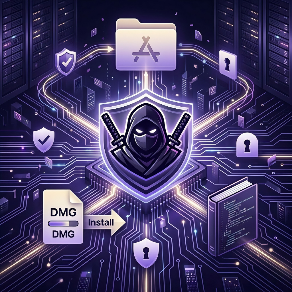 Delta Executor Mac: How to Download & Install on MacOS (2026) 1 Cyber-themed illustration showing Delta Executor with a shielded ninja logo, DMG installation file, macOS applications folder, and security icons representing safe setup and script integration on Mac.