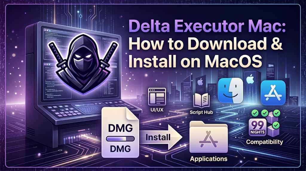 Delta Executor Mac: How to Download & Install on MacOS (2026) 2 Illustration showing Delta Executor on a MacBook with DMG file installation process, macOS interface icons, script hub, and compatibility features in a futuristic tech-themed environment.