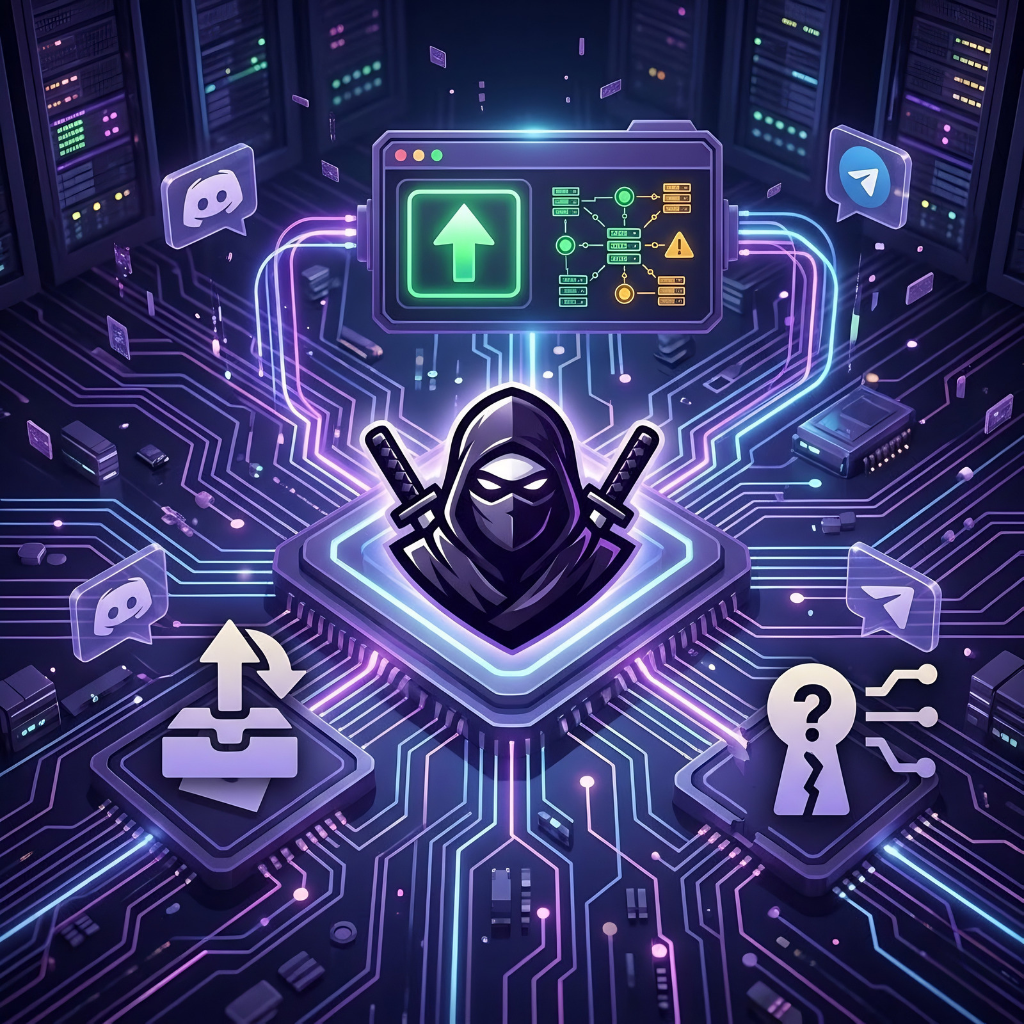 Is Delta Executor Down Today? Live Server Status (April 2026) 1 Futuristic illustration showing Delta Executor core system with update arrows, key access, and server connections, surrounded by circuit lines and icons for Discord and Telegram communication.