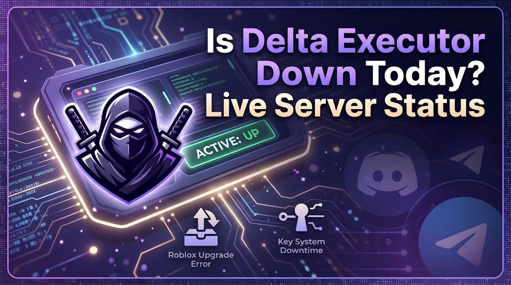 Is Delta Executor Down Today? Live Server Status (April 2026) 2 Tech-themed banner showing Delta Executor status as active, with server interface, Delta Executor logo, and indicators for Roblox update errors and key system downtime alongside Discord and Telegram icons.
